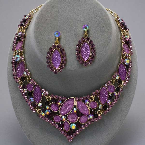 Graceful runway purple amethyst crystal necklace set bride evening - $49.49