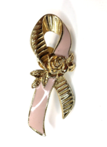 Vintage Avon Gold Tone Pink Enamel Ribbon Breast Cancer Awareness Brooch Pin 2&quot;  - £6.17 GBP