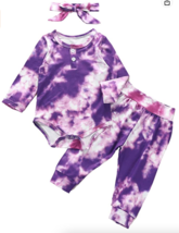 Baby Girls 3 Pcs Tie Dye Outfit Long Sleeve Bodysuit Pajama Set, Purple, 24M - £5.23 GBP