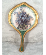 Handmade Homemade Handheld Mirror Floral Print Gilded Gold Edges Painted Green - $16.78