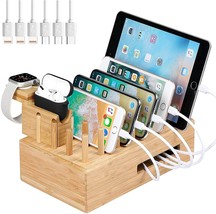 Bamboo Charging Station for Multiple Devices + 6 Mixed Cables and Watch Stand  - £43.75 GBP