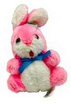 Vintage Pink White Rabbit Plush Easter Bunny Felt Tongue Blue Flower 7 inch - £11.19 GBP