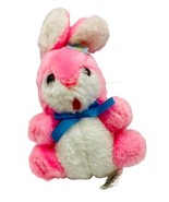 Vintage Pink White Rabbit Plush Easter Bunny Felt Tongue Blue Flower 7 inch - £11.16 GBP