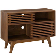 Mid Century Modern Slotted Display Stand Console Wall Media Walnut Storage - $184.99