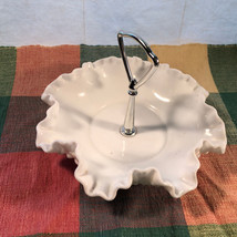 Fenton 8 Inch White Hobnail Crimped Handled Candy Dish Mint - £19.90 GBP