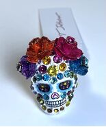 NWT $58 BETSEY JOHNSON White Gold Multicolor Skull Flowers Rhinestone Ring - $39.99