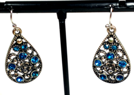 Vintage Turquoise Color Crystals Filigree Hanging Pierced Earrings, - $10.99