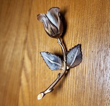 Vintage Giovanni Copper Rose Gold, Silver Long Stem Rose Bud Brooch Flow... - $14.62