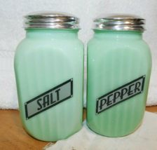 Jadeite Salt Pepper shaker set with silver labels **reproduction**  - £21.70 GBP