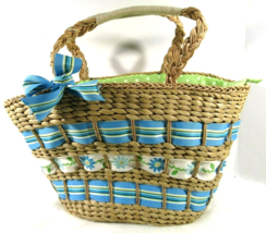 Straw Basket Purse Handbag Tote Shopper Woven Ribbon Cupcakes &amp; Cartwheels Zip - £49.76 GBP