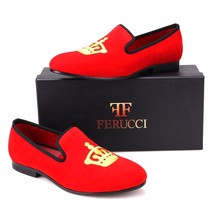 Handmade FERUCCI Men red Velvet Slippers loafers with Crown davucci - $2,470.70 MXN