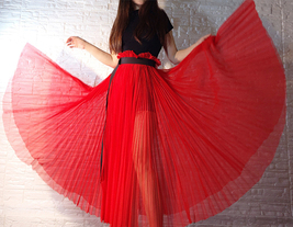 RED Pleated Long Tulle Skirt Outfit Women Plus Size Pleated Tulle Skirt image 7
