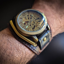 Mechanical Watch, Genuine Leather Cuff Watch - Steampunk - Cross Leather Cuff - £77.10 GBP