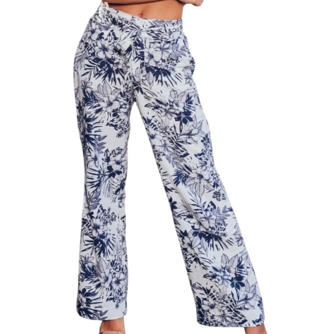 Beau Dawson Blue White Floral Linen Blend Wide Leg Tie Front Pants size ... - $27.32