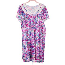 VTG Womens Nightgown M Floral White Pink Blue Short Sleeve Lace VNeck Po... - $15.70