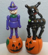 Set of 2 Wood Thumb Puppets Scarecrow and Black Cat on Jack-o-Lanterns  4&quot; - £15.11 GBP