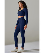 Navy Blue Ribbed Long Sleeve Top and Leggings Workout Set - $5,224.63 MXN