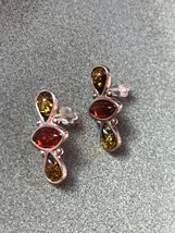 Tricolor Green Orange &amp; Yellow Amber Stones in 925 Marked Silver Frame Post Earr - £17.79 GBP