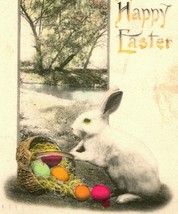 Vtg Postcard 1914 A Happy Easter Bunny Rabbit Egg Basket Hand Colored  - £7.68 GBP