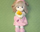 PRECIOUS MOMENTS DOLL PINK DRESS with YELLOW FLOWER 14&quot; SOFT BODY BROWN ... - $10.80