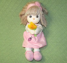 Precious Moments Doll Pink Dress With Yellow Flower 14&quot; Soft Body Brown Hair Toy - £8.63 GBP