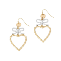 Heart and Bow Bamboo Pattern Dangle Earrings Silver Gold - £10.58 GBP