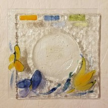 L&#39;oiseau de Bois Yellow/ Blue Art Glass Dish Fused Glass  6&quot; sq  Quebec Floral - £20.77 GBP