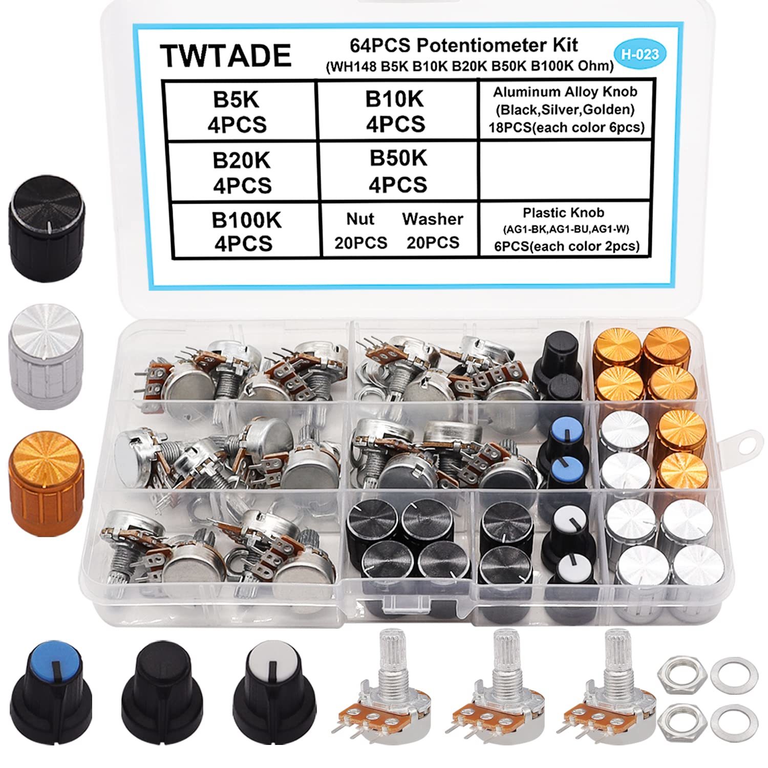 Twtade 64Pcs Potentiometer Kit Wh148 B5K B10K B20K B50K B100K Ohm Linear... - $35.92