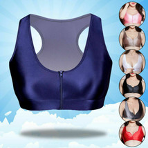 Womens Shiny Zipper yoga workout Vest Elastic Slim Silky sports bra Hollow Tops - £6.02 GBP+