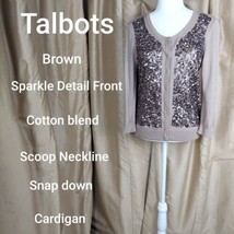Talbots Brown cotton Blend Sparkle Front snap down Cardigan Size SP - £12.58 GBP