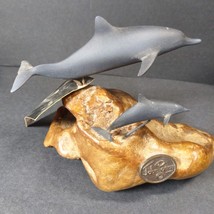Authentic Vintage John Perry Rare Sculpture 2 Resin Dolphins on Burl Wood Tag - £30.86 GBP