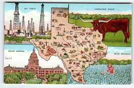 Texas Map Postcard Linen Oil Field Longhorn Steer Blue Bonnet State Capi... - $20.43