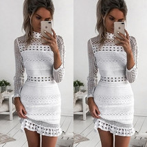 Women Sexy Lace Long Sleeve Party Bodycon Slim Evening Cocktail Short Mini Dress - £19.43 GBP