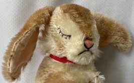 Vintage Steiff Hansi Bunny Rabbit Plush Sleeping Mohair Tan Cream Red Ribbon 10&quot; - £31.10 GBP