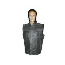 Distressed Gray Motorcycle Club Leather Vest with Hood - £96.15 GBP+
