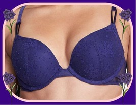 38D Blue Purple Floral Dot Mesh ExtremeLift Victorias Secret Plunge PU UW Bra - £31.44 GBP