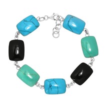Modern Shades of Blue Rectangular Stones Linked Sterling Silver Bracelet - $30.48