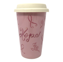 Longaberger Pottery 2011 Horizon of Hope Travel Cup Mug w/Lid Pink Ribbons AO - £13.39 GBP