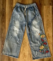 YesNo Jeans Womens Wide Leg Cropped Boho Floral Embroidered Loose Denim Size 2XL - £27.78 GBP