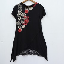Desigual Sharkbite Tunic Top M Black Floral Cap Sleeves Knit Lace Art to... - £28.90 GBP