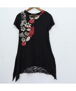Desigual Sharkbite Tunic Top M Black Floral Cap Sleeves Knit Lace Art to... - £26.07 GBP