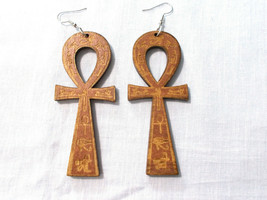 Light Brown Ankh With Laser Cut Egyptian Symbols Wooden 4&quot; Dangle Pair Earrings - £5.62 GBP