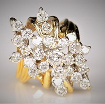 Huge 1.5CT Moissanite Diamond Cluster Cocktail Ring Yellow Gold Plated Silver - £141.35 GBP