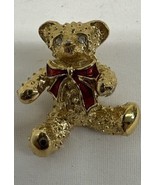 Avon Lapel Tack Pin Gold Tone Teddy Bear / Red Enamel Bow Christmas Bell... - £10.21 GBP