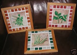 set 3 handmade 7x7 each mosaic tiles plaque trivets herbs kitchen decor - £18.79 GBP