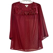 Style &amp; Co Womens Top Burgundy Sz L Burnout Velvet Sheer 3/4 Sleeve Fair... - $17.70