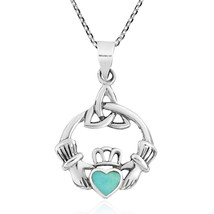 Celtic Trinity Knot &amp; Claddagh w/ Green Turquoise Heart Sterling Silver Necklace - £20.42 GBP