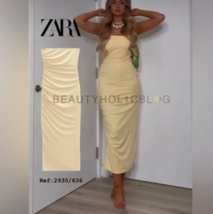 Zara Dress XL Yellow Pastel Rouched Stretch Strapless Jersey Bodycon Midi - £20.95 GBP