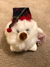 Nwt 6&quot; Commonwealth White Puffball Puppy Dog Plaid Hat Plush Stuffed Animal Toy - £11.25 GBP