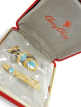 Charng Ching Cufflinks Neck Tie Clip Set Gold Tone Simulated Turquoise Wedding - £39.76 GBP